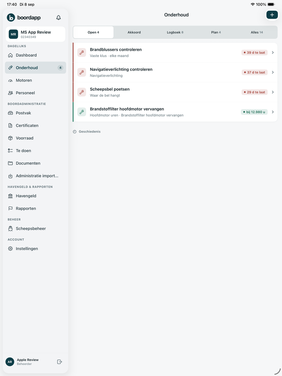 Onderhoud in de iPad-app