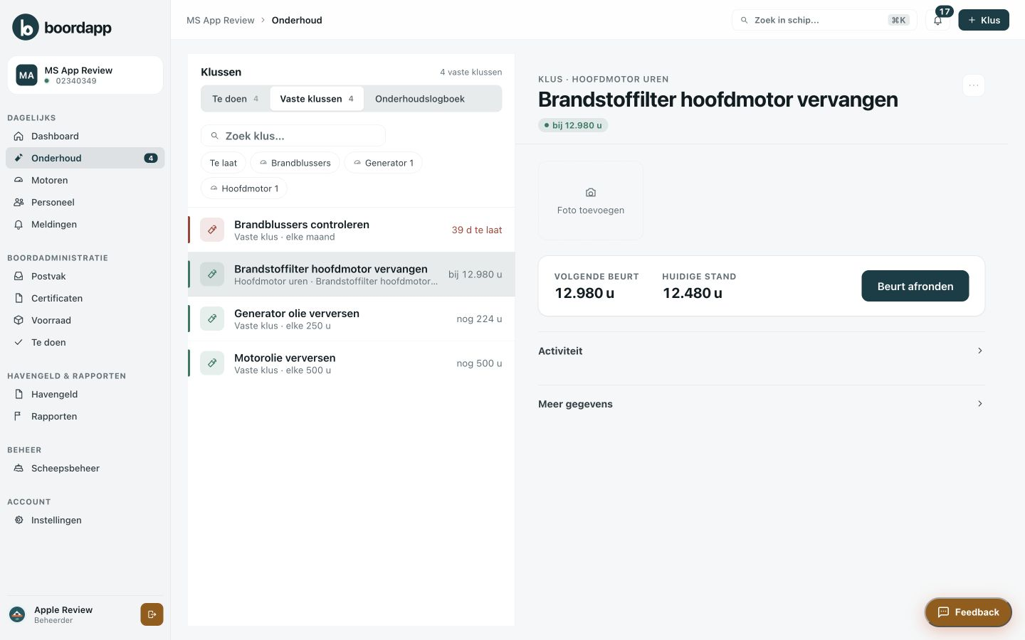 Een vaste klus in Boordapp: brandstoffilter hoofdmotor vervangen, elke 500 uur